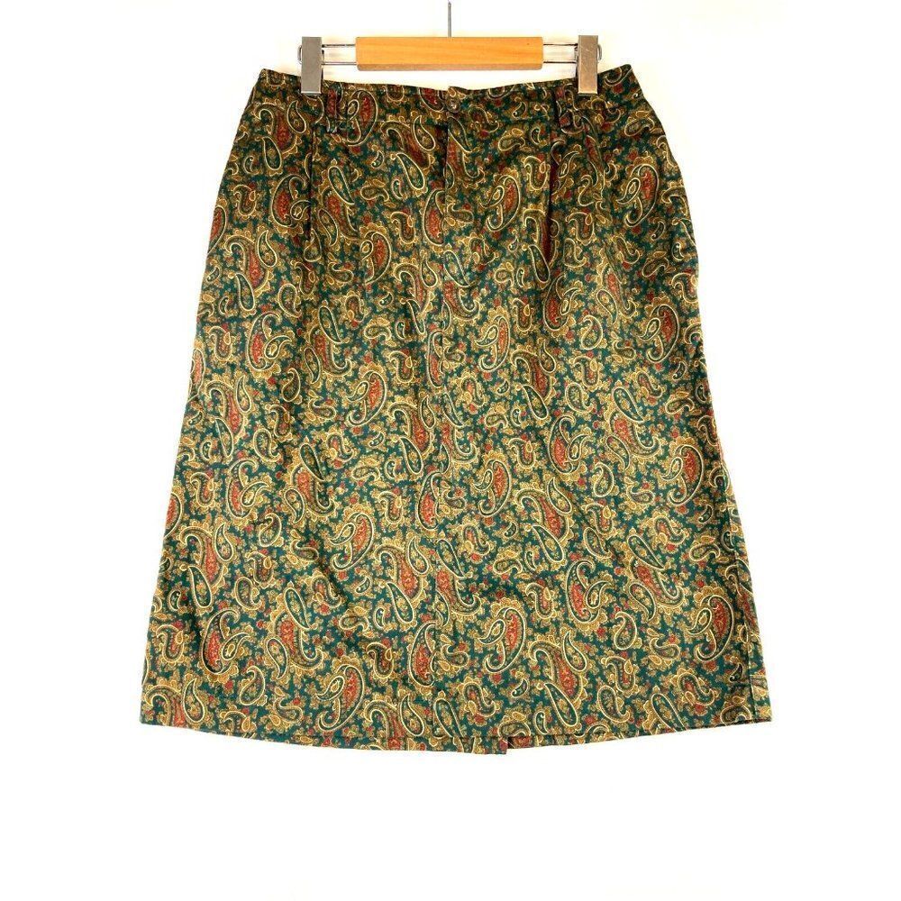 Liz Sport Women's Brown Green Paisley Midi Pencil Cotton Skirt Size 14